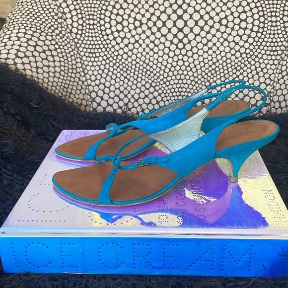 Sigerson Morrison Turquoise Suede Kitten Heel Slingback Sandals - Picture 11 of 15
